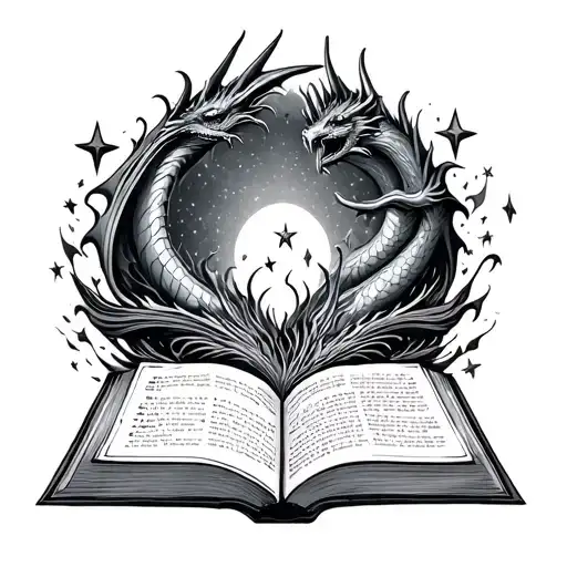 “You do not yield” underneath and open book with stars and dragons coming out of the book tattoo design idea