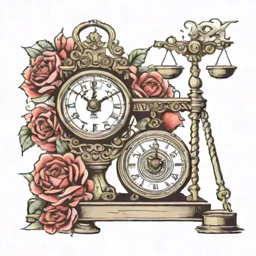 the scale with clock in the background and filled weighing scales tattoo design idea