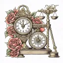 the scale with clock in the background and filled weighing scales tattoo design idea