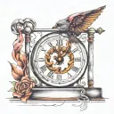 the scale with clock in the background and filled weighing scales tattoo design idea