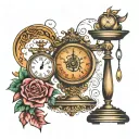 the scale with clock in the background and filled weighing scales tattoo design idea
