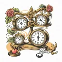 the scale with clock in the background and filled weighing scales tattoo design idea