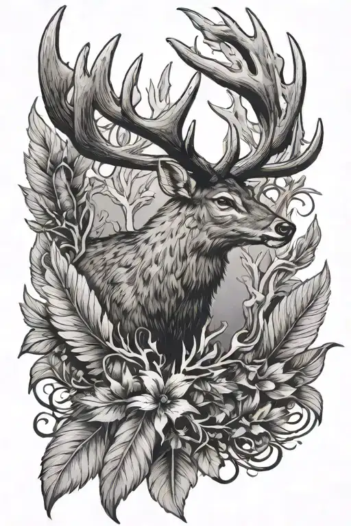 Tattoo design with deer antlers, brook trout and turkey feather tattoo design idea