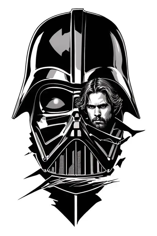 silhouette of Anakin and Obiwan fighting in front of a broken darth vader mask tattoo design idea