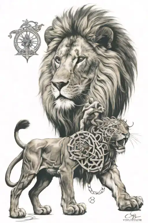 lion and addiction symbol and breaking the cycle path tattoo design idea