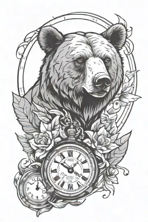Time flies clock wittered and bear head half polygon  tattoo design idea