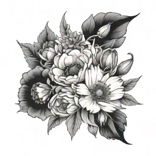 a bouquet of poppy, cosmos, peony, daffodil and narsisus tattoo design idea