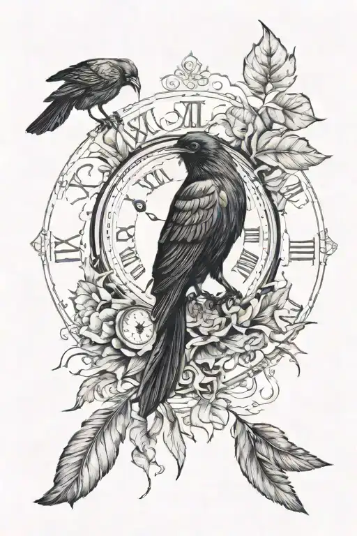 a crow, a clock, human eye inside clock, leaves, nature. non color tattoo. tattoo design idea