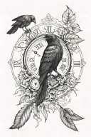 a crow, a clock, human eye inside clock, leaves, nature. non color tattoo. tattoo design idea