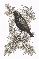 a crow, a clock, human eye inside clock, leaves, nature. non color tattoo. tattoo design idea