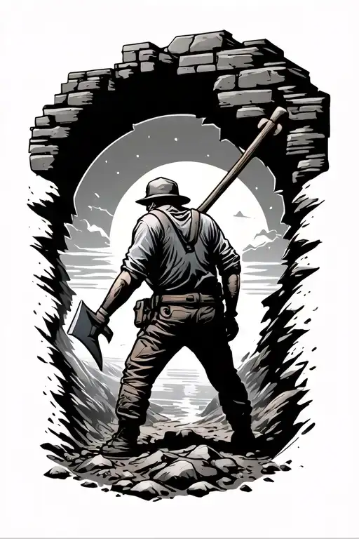 miner emerging from mine with pickaxe in hand facing sunset  tattoo design idea