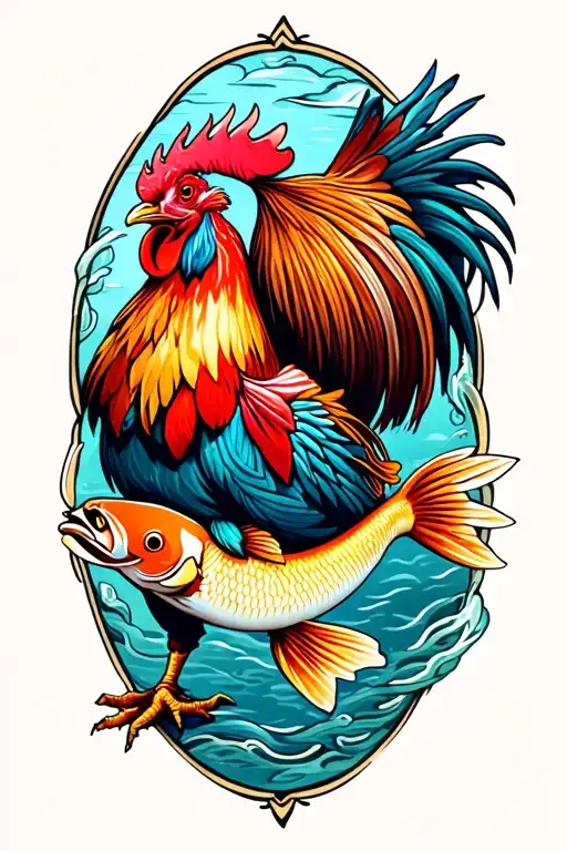 rooster fighting a fish tattoo design idea
