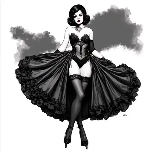 Goth Pin Up Girl stand up with a long dress but more undress, show lingerie  tattoo design idea