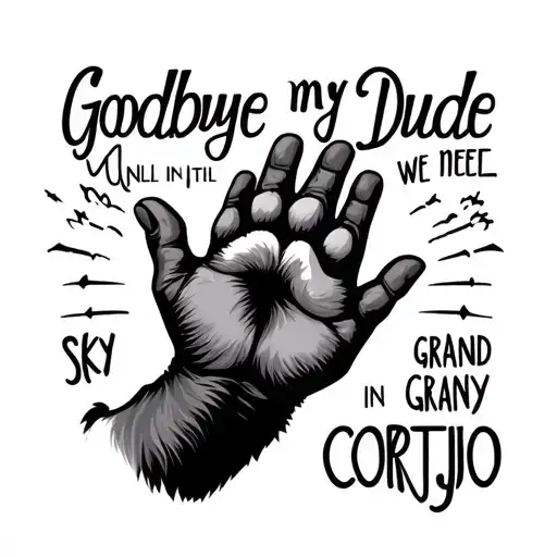 hand and collie paw high five with Goodbye My Dude written above and then Until We Meet in the Grand Cortijo in the Sky tattoo design idea