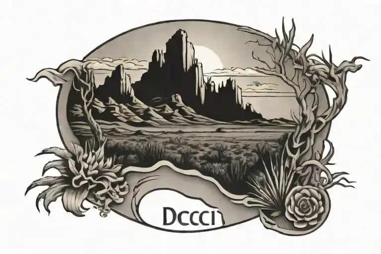 "DCCCI" surrounded by Utah desert landscape tattoo featuring tattoo design idea