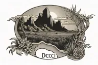 "DCCCI" surrounded by Utah desert landscape tattoo featuring tattoo design idea