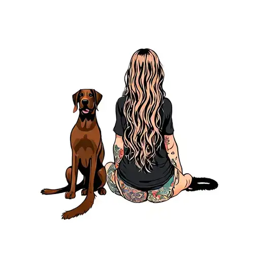 a longhaired girl with her vizsla dog and black cat. shown from behind. sitting. tattoo design idea