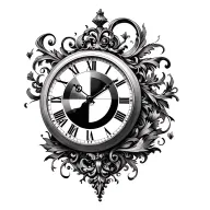 classic clock, baroque era flourishes coming round the clock tattoo design idea