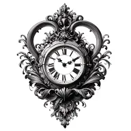 classic clock, baroque era flourishes coming round the clock tattoo design idea