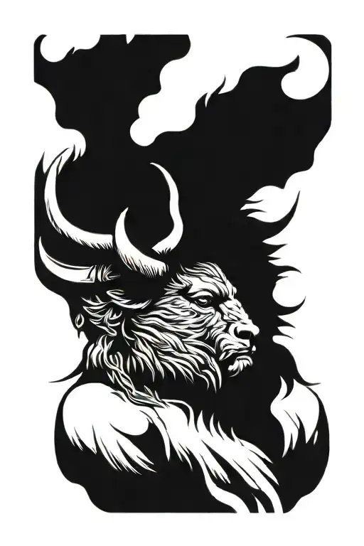 rugged head of bison warrior with horns facing the storm tattoo design idea