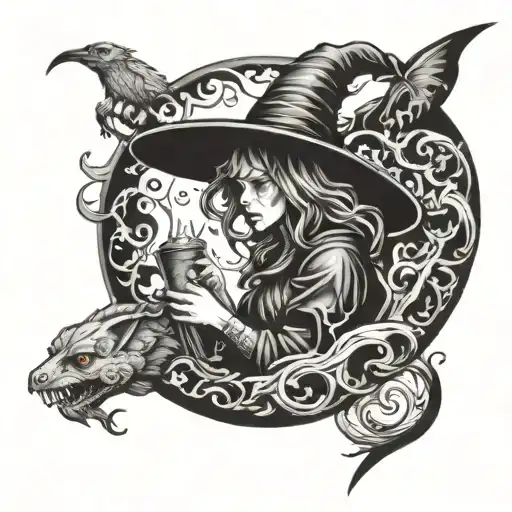 witch and cryptid hiding tattoo design idea