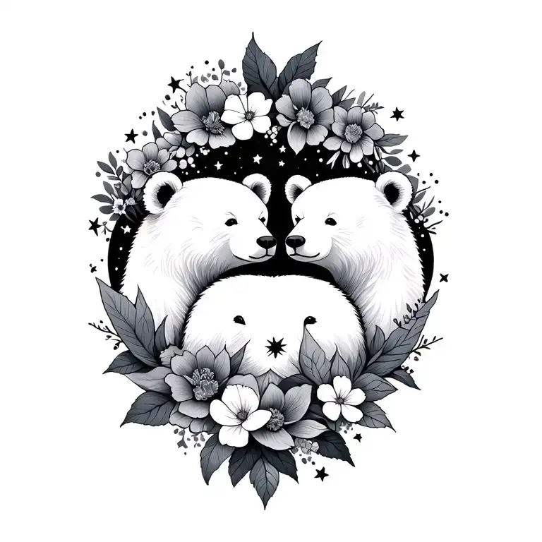 morning stars, floral, 2 bears tattoo design idea