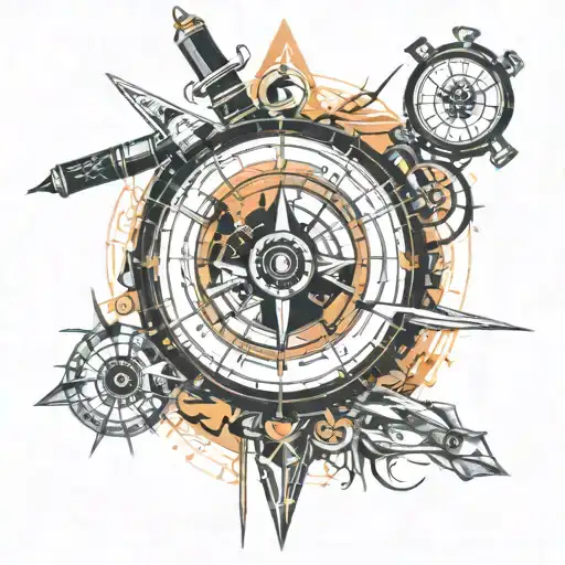 compass and clock with world map and sword and fountain pen tattoo design idea