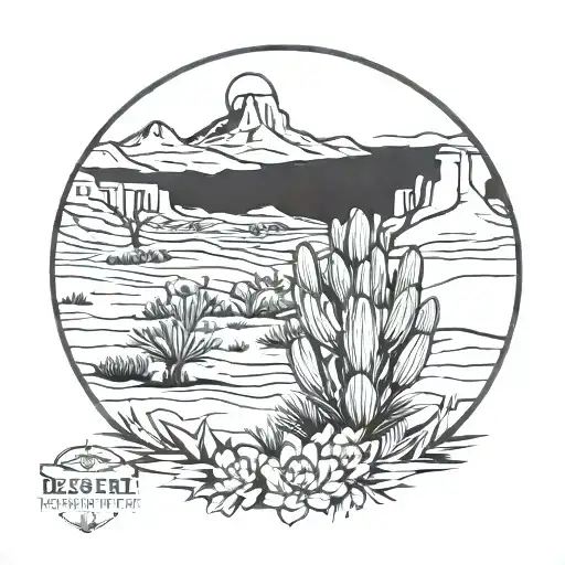 Desert landscape with a mesa . a flower for a sun in an oval floral guaro border and a yucca shrub tattoo design idea