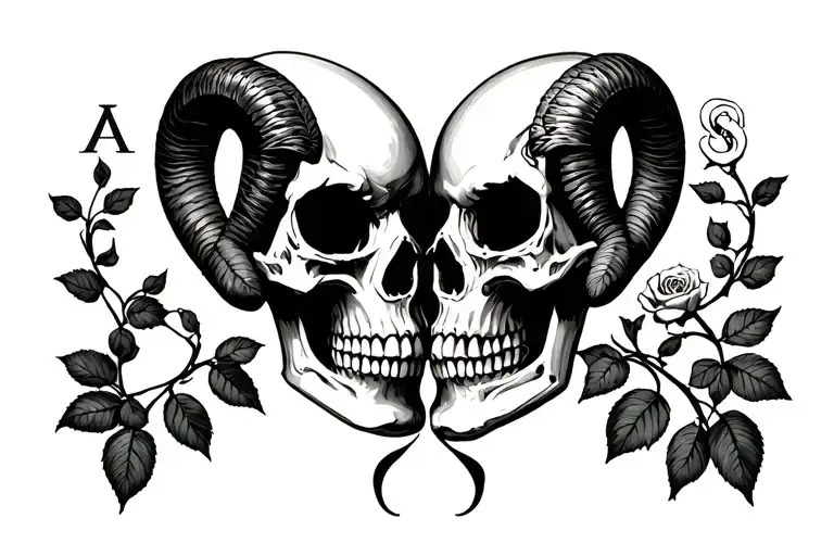 Two skulls facing each other w Aries symbol in between them with rose vine going through eyes tattoo design idea