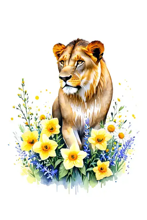 lioness surrounded by daffodils, poppys, larkspur, roses and daisys tattoo design idea