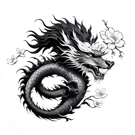 Chinese dragon and lion cherry blossom tattoo design idea