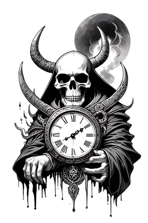 reaper + 'memento mori' + viking + wisdom + clock + skull tattoo design idea