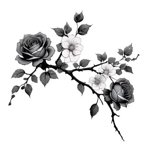 branches with flowers, with some aspects incorporating roses from the anime jujutsu kaisen, using nobara roses  tattoo design idea