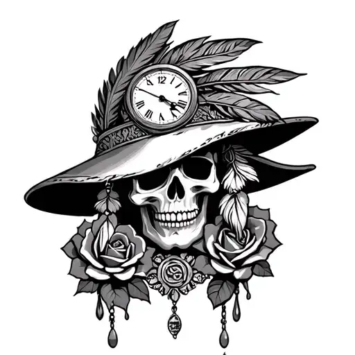 rosary beads with skull wearing feather indian hat melting clock roses to tattoo design idea