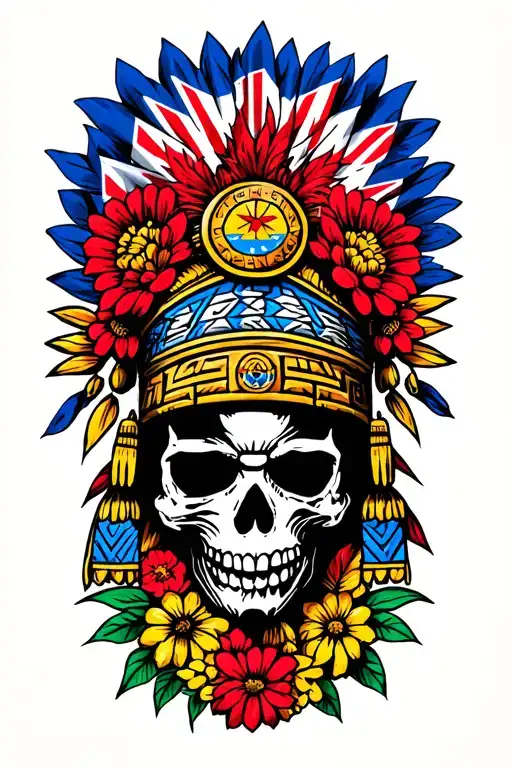 aztec warrior, skull, colourful flowers, colombia flag, union jack flag tattoo design idea