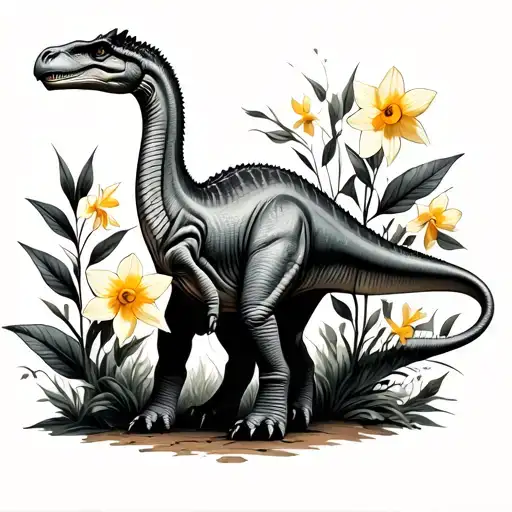 brachiosaurus with daffodils and buckeye leaves tattoo design idea
