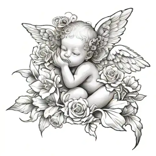 baby angel. names birth flowers tattoo design idea