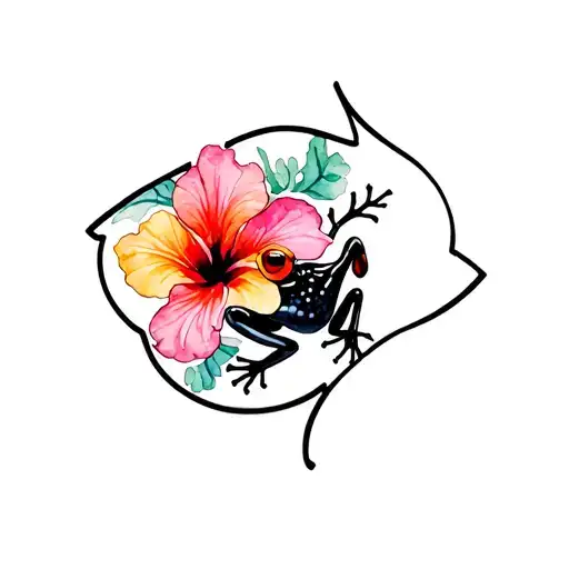 black puerto rican frog symbol with a colored hibiscus flower background inside of a black outline upside down tria tattoo design idea