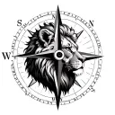  a nautical compass rose, with the profile of a lion's head at the center, with the lion looking to the right tattoo design idea