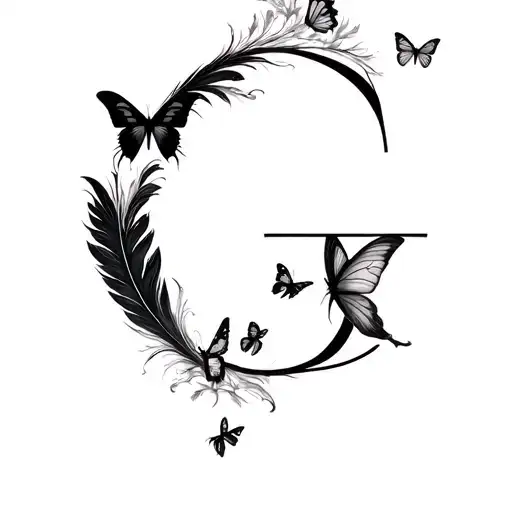 letter G to the power of 3 with butterflies and black feathers somehow incorporated  tattoo design idea