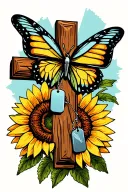 old wooden cross with a butterfly sitting on one hand dog tags hanging off a sunflower and elk in the background  tattoo design idea