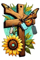 old wooden cross with a butterfly sitting on one hand dog tags hanging off a sunflower and elk in the background  tattoo design idea