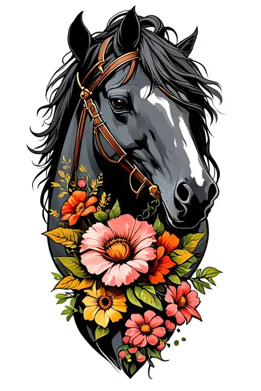 war horse and flowers tattoo design idea