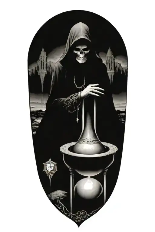 Dark labyrinth, twisted and dark, hooded figure, hour glass with sand flowing upwards tattoo design idea