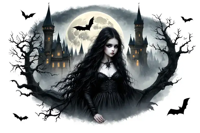 gothic vampire girl in the fog with moonlit castle and bats in the air with trees tattoo design idea