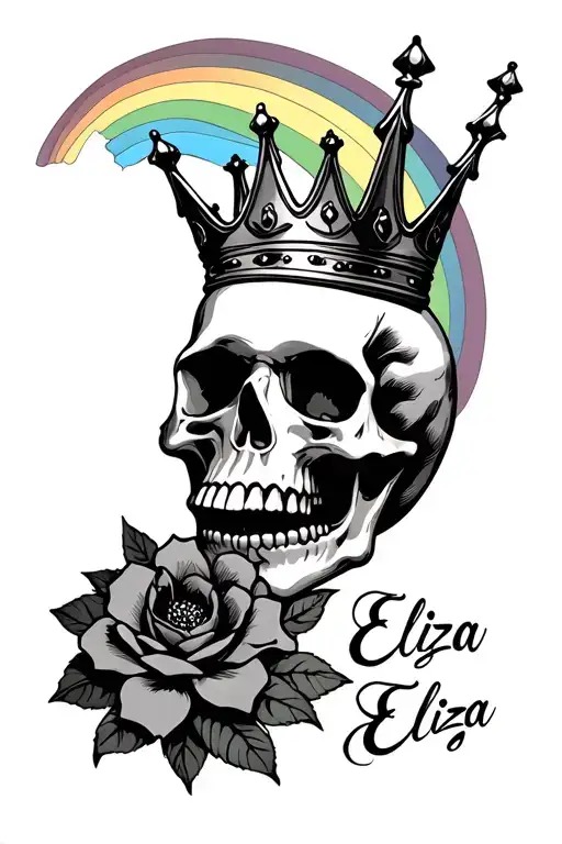 rainbow and gothic skull with tilted crown a flowe and the name Eliza tattoo design idea
