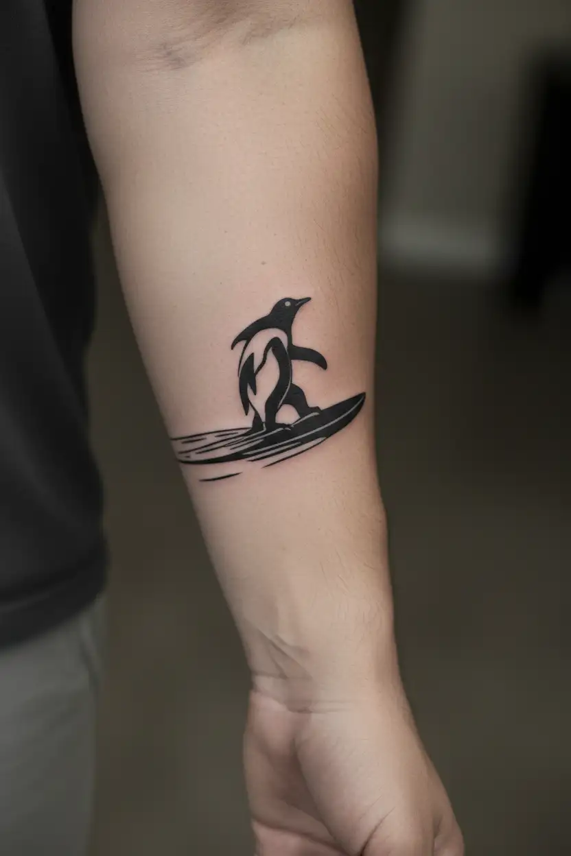 penguin surfing tattoo design idea