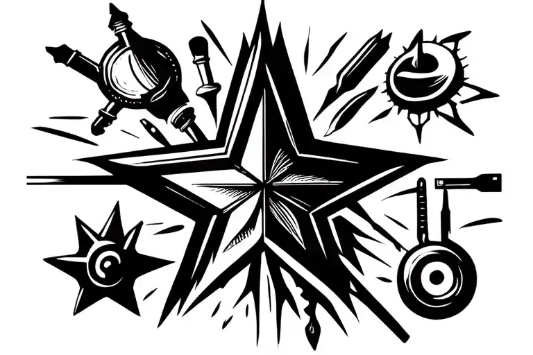 . One star integrated with accounting symbols, one with cooking symbols, one with metal lathe tools. Clean linework, bla tattoo design idea