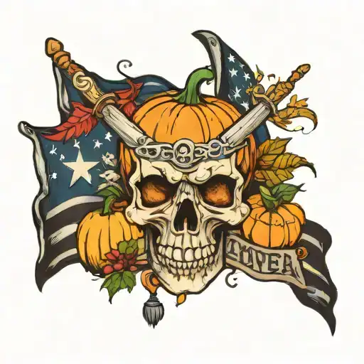 Skull and bones flag with this words:  season pumpkin inner awesome stove unhappy divorce tennis monitor corn man langua tattoo design idea