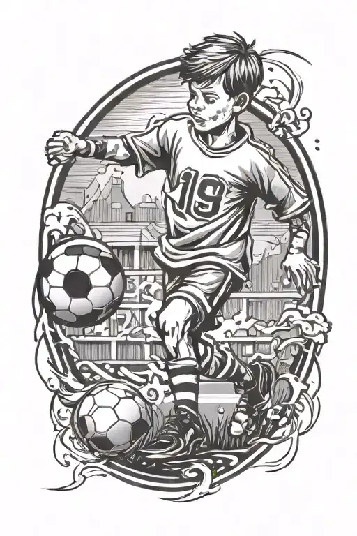 A kid playing football with number 19 incorporated tattoo design idea